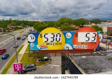 GAINESVILLE, FL, USA - JUNE 11, 2019: Aerial Photo Florida Mega Millions Billboard Sign 