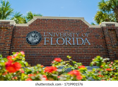 Gainesville, Florida / USA - May 1 2020:  The Brick Sign Of University Of Florida (UF) At The Intersection Of Museum Road And SW 13th Street.