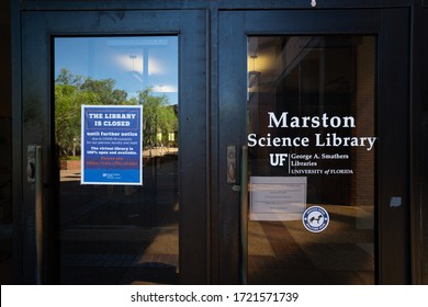 Gainesville, Florida / USA - May 2 2020: The Marston Science Library In The University Of Florida Is Closed Due To Covid-19.