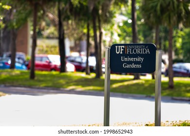 Gainesville, USA - April 27, 2018: Parking Lot Street Cars In Downtown Florida City With University Of Florida UF Campus Sign For Gardens