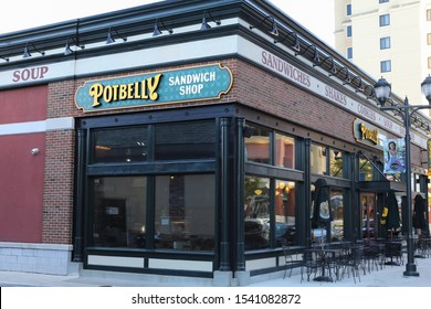 Gaithersburg, Maryland / USA - October 18, 2019: Potbelly Sandwich Shop Logo On Their Main Store Branch In Gaithersburg, MD. 