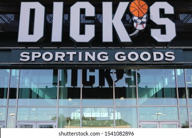 Gaithersburg, Maryland / USA - October 18, 2019: Dick's Sporting Goods Logo On Their Main Branch Store In Gaithersburg, MD. 