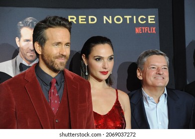 Gal Gadot, Ryan Reynolds And Ted Sarandos At The World Premiere Of Netflix's 'Red Notice' Held At The L.A. LIVE In Los Angeles, USA On November 3, 2021.