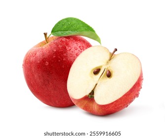 Gala apple with cut in half and water droplets  isolated on white background. Clipping path.