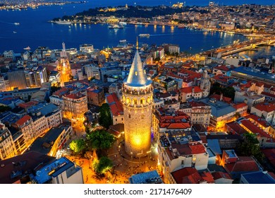 Galata tower at night in Istanbul, Turkey.