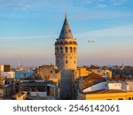 Galata Tower and Street in the Sunset Time Drone Photo, Galata Beyoglu, Istanbul Turkiye (Turkey)