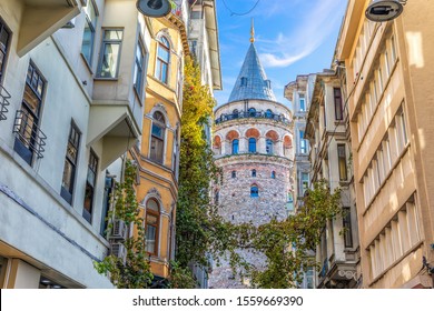 Galata Tower In The Wonderful Old Street Of Istanbul, Turkey