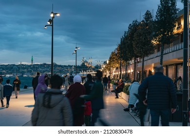 Galataport Istanbul At Night. People In Galataport. Istanbul Turkey - 12.28.2021