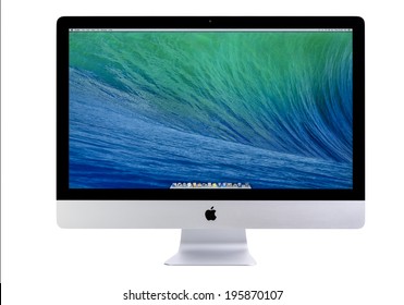 GALATI, ROMANIA, FEBRUARY 26, 2014: New iMac 27 With OS X Mavericks. It brings new apps to desktop. New Apple iMac 27 inch on glass against white background. Galati, Romania, February 26, 2014
