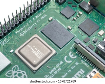 Galati, ROMANIA - March 20, 2020: Close-up Of A Raspberry Pi 4 Model-B. The Raspberry Pi Is A Credit-card-sized Single-board Computer Developed In The UK By The Raspberry Pi Foundation. Studio Shot