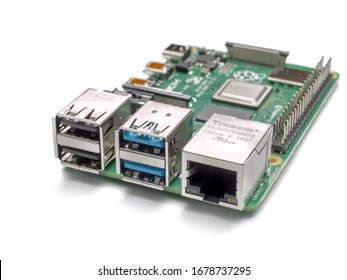 Galati, ROMANIA - March 20, 2020: Close-up Of A Raspberry Pi 4 Model-B. The Raspberry Pi Is A Credit-card-sized Single-board Computer Developed In The UK By The Raspberry Pi Foundation. Isolated