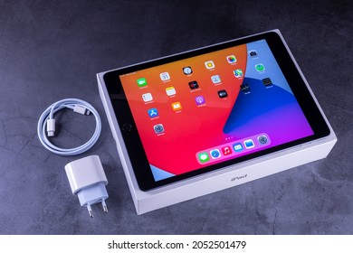 Galati, Romania, March 31, 2021: - Apple Release New IPad 8th Generation With The Powerful A12 Bionic chip, Support For Apple Pencil And The Smart Keyboard. IPad 8th Generation On Desk.