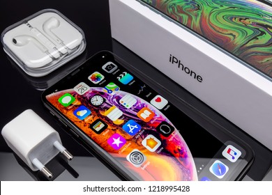 Galati, Romania - October 26, 2018: Apple launch the new smartphone iPhone XS and iPhone XS Max. iPhone Xs Max on black background.