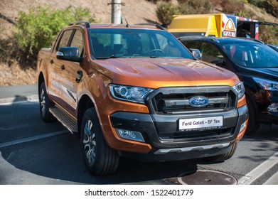 Galati, Romania - September 15, 2019: Orange Ford Ranger T6 Facelift Front View