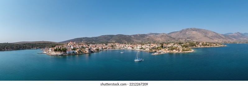 Galaxidi Greece, Aerial Panoramic Drone View. Traditional Town In Fokida, Seaside Buildings, Calm Sea, Sunny Day