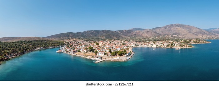 Galaxidi Greece, Aerial Panoramic Drone View. Traditional Town In Fokida, Seaside Buildings, Calm Sea, Sunny Day