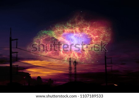 Galaxy back on night cloud sunset sky silhouette power elecrtic pillar, Elements of this image furnished by NASA