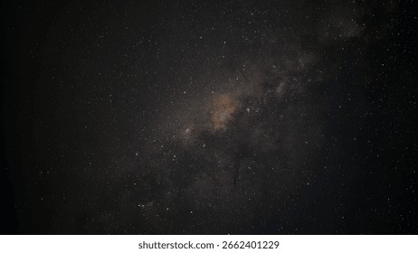 Galaxy exploration through outer space towards glowing milky way galaxy. High quality, beautiful night sky time lapse with Milky Way galaxy on dark sky. Starry night background.