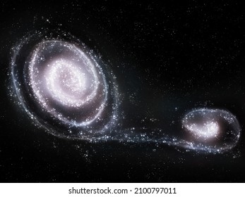 Galaxy mergers. Large spiral galaxy engulfs a companion dwarf galaxy. Clusters of stars and interstellar gas.  - Powered by Shutterstock