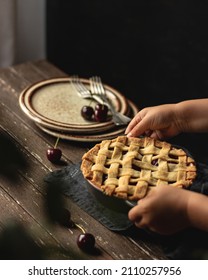 Galette Pie Cake With Red Cherries And Ice Cream Spring Brunch Dessert Ideas. Top View. Food Flat Lay. Homemade Backing