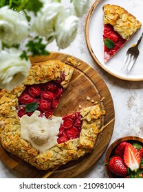 Galette Pie Cake With Strawberry And Ice Cream Spring Brunch Dessert Ideas. Top View. Food Flat Lay. Homemade Backing