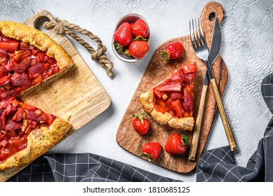 Galette Tart With Strawberry And Rhubarb. Homemade Tarte. White Background. Top View