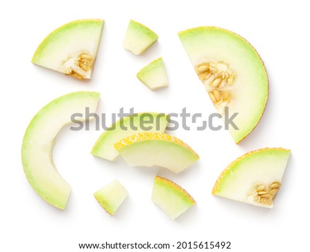 Galia melon pieces isolated on white background. View from above, flat lay