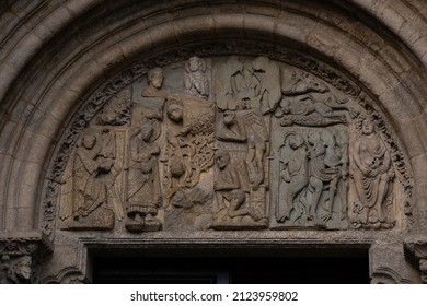 Galicia, xacobeo, Camino de Santiago, sculptural detail of the facade of the Platerías of the cathedral of Santiago de Compostela