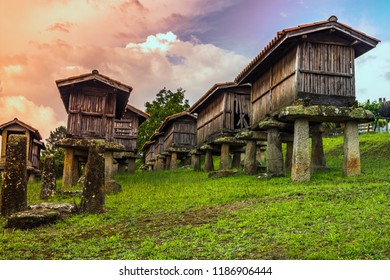 Galician Hórreo Construction Of Agricultural Use Destined To Dry, Cure And Store Corn And Other Cereals Very Typical In Galicia Spain