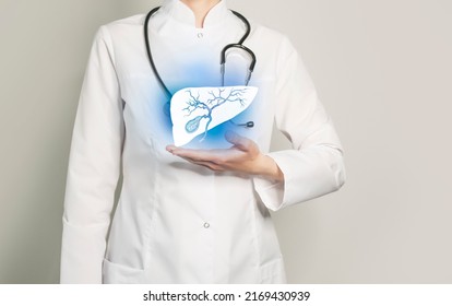 Gall Bladder Issues Medical Concept. Photo Of Female Doctor, Empty Space. 