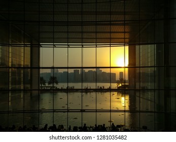 Galleria Boutique Mall In Al Maryah Island Of Abu Dhabi City, New Shopping Mall For Elite Brands And Cafes, Silhouette Of People Having Food At Sunset - Image - Abu Dhabi, UAE - December 23, 2018