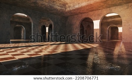 gallery of infinite concrete arches with marble tile flooring . 3d rendering