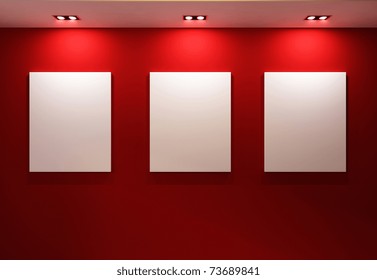 Gallery Interior with empty frames on red wall - Shutterstock ID 73689841