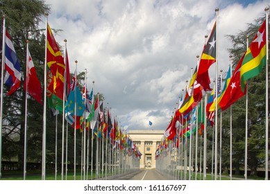 Gallery Of National Flags At UN Entrance In Geneva, Switzerland