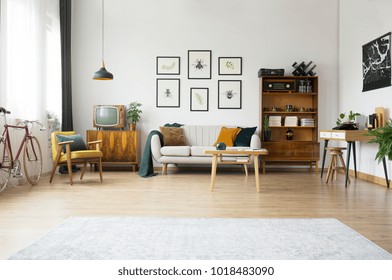 Gallery Of Posters Above Settee In Spacious Living Room Interior With Bicycle, Table And Vintage Furniture
