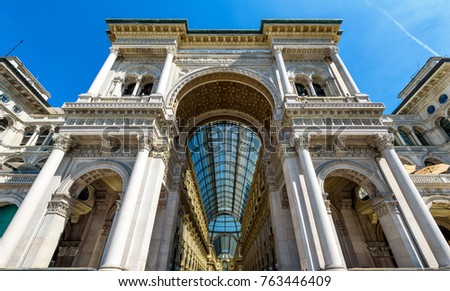 Gallery of Victor Emmanuel II in Milan, Italy, Europe. Galleria Vittorio Emanuele is fashion mall, landmark of Milan. Historical architecture of Milan. Theme of travel, tourism and shopping in Milan.