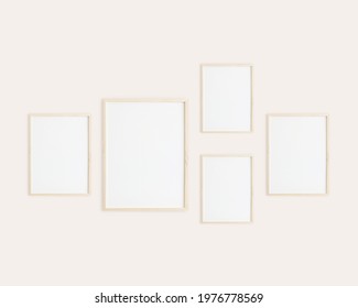 Gallery Wall Mockup With Five Vertical Frames For Wall Art, Minimal Neutral Interior.