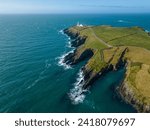 Galley Head Lighthouse aerial with cliffs. High quality photo