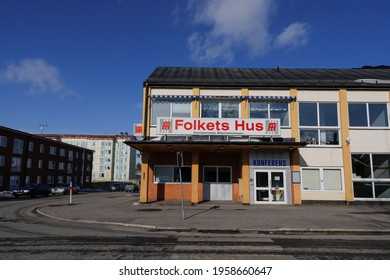 Gallivare, Sweden April 15, 2021 The Folkets Hus, Swedish For   Community Center, In The Empty Downtown.