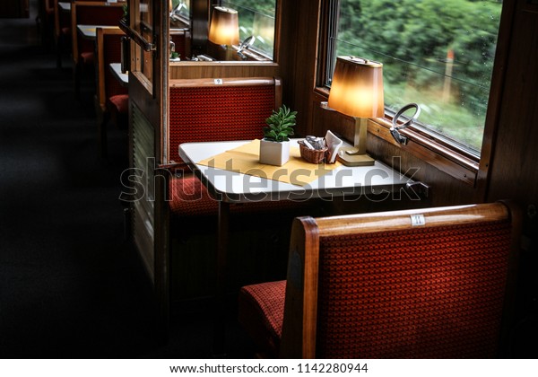 GALLIVARE, SWEDEN - JUNE\
29, 2016: Interior of Mitropa dining car in excursion train through\
north of Sweden