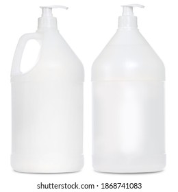 Gallon Bottle Jug Mock Ups. White Background. Packaging Product For Chemical Solution. Bleach And Cleaning Supplies Template.