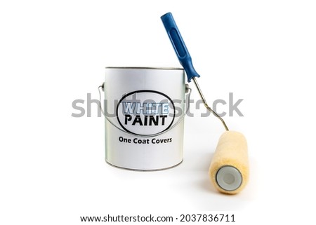 a gallon pail can of paint with a fake, generic, white paint label, with a paint roller leaning on it isolated on white