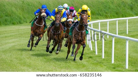 galloping race horses in racing competition 