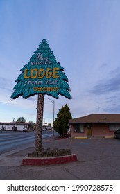 Gallup, New Mexico - May 18, 2021: Sign for the Blue Spruce Lodge, a classic neon sign along Route 66