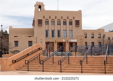 Gallup, New Mexico, USA, February 10, 2019 - The historic McKinley County Courthouse at 201 West Hill Avenue, designed and built in 1938 in the Spanish Pueblo Revival Style