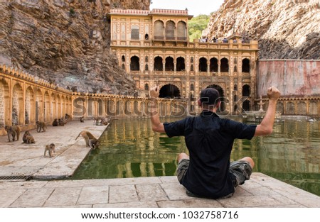 Galtaji Temple is the Monkey, Jaipur in Indian state of Rajasthan - abandoned temple - tourist meditation among monkeys