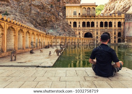 Galtaji Temple is the Monkey, Jaipur in Indian state of Rajasthan - abandoned temple - tourist meditation among monkeys