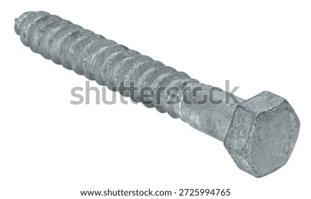 Galvanized lag bolt at a steep angle from the bolt side in a studio shot isolated on a white background.