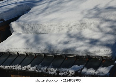 Galvanized Metal Roof In The Mountains With A Bar Against The Rapid Sliding Of Snow. If Snow And Ice Quickly Fall On People Under The Roof, They Will Be Injured Or Dead. Slows Down The Avalanche