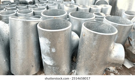 Galvanized T joint pipe. Galvanization is the process of applying a protective zinc coating to steel or iron,to prevent rusting, Copper pipe on white with connector, Copper plumbing pipe leaking water
